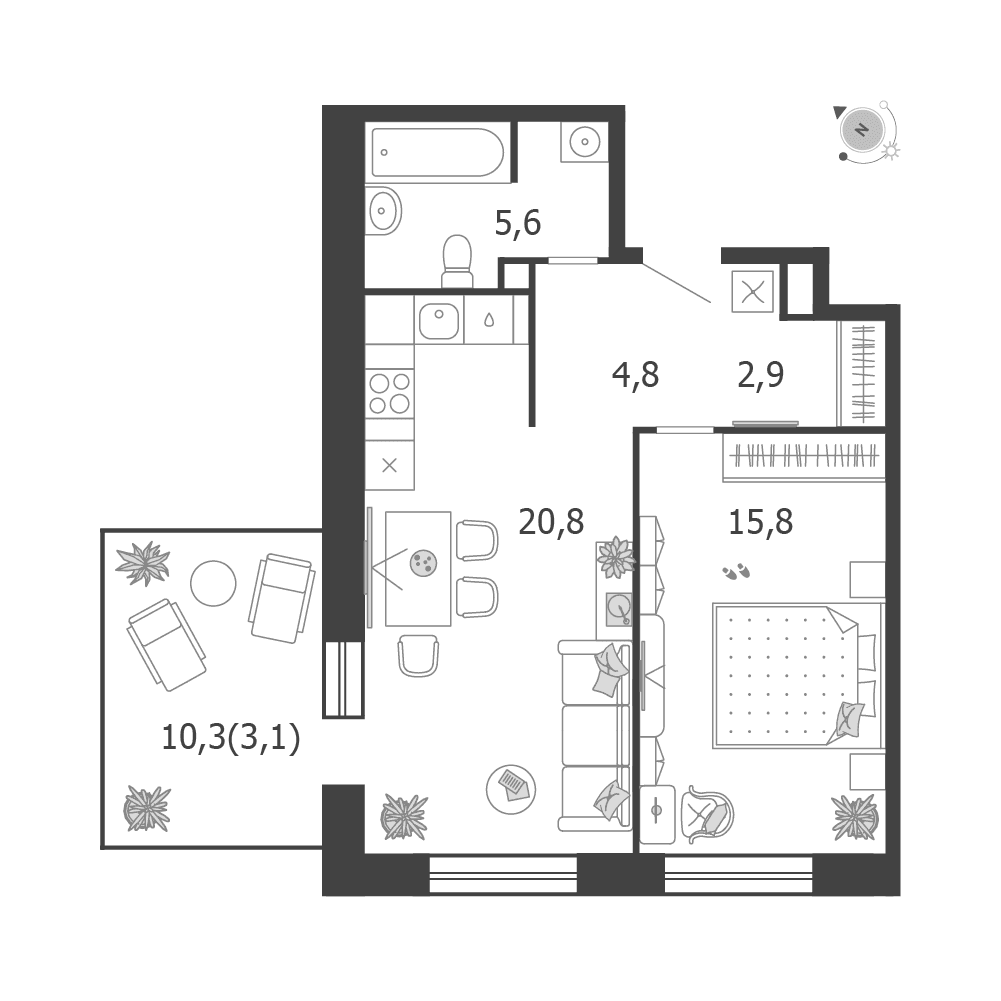 1-комнатная, 53 м² — 43 641 059 ₽