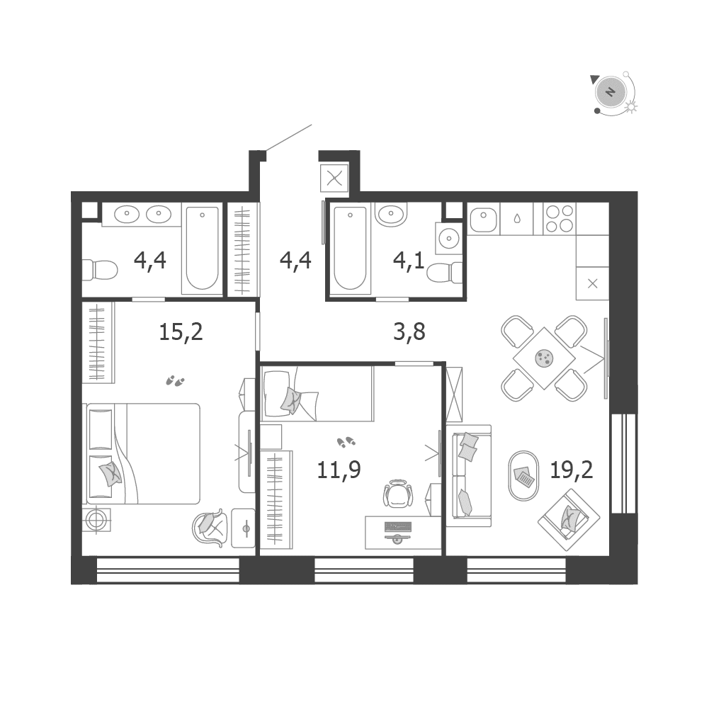 2-комнатная, 63 м² — 43 586 378 ₽