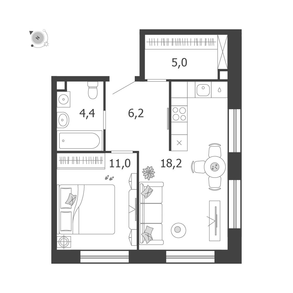 1-комнатная, 44,8 м² — 35 119 602 ₽