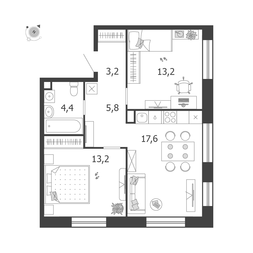 2-комнатная, 57,4 м² — 42 309 201 ₽