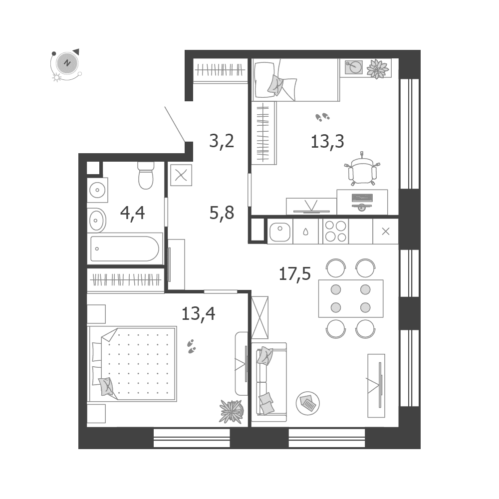 2-комнатная, 57,6 м² — 43 025 959 ₽