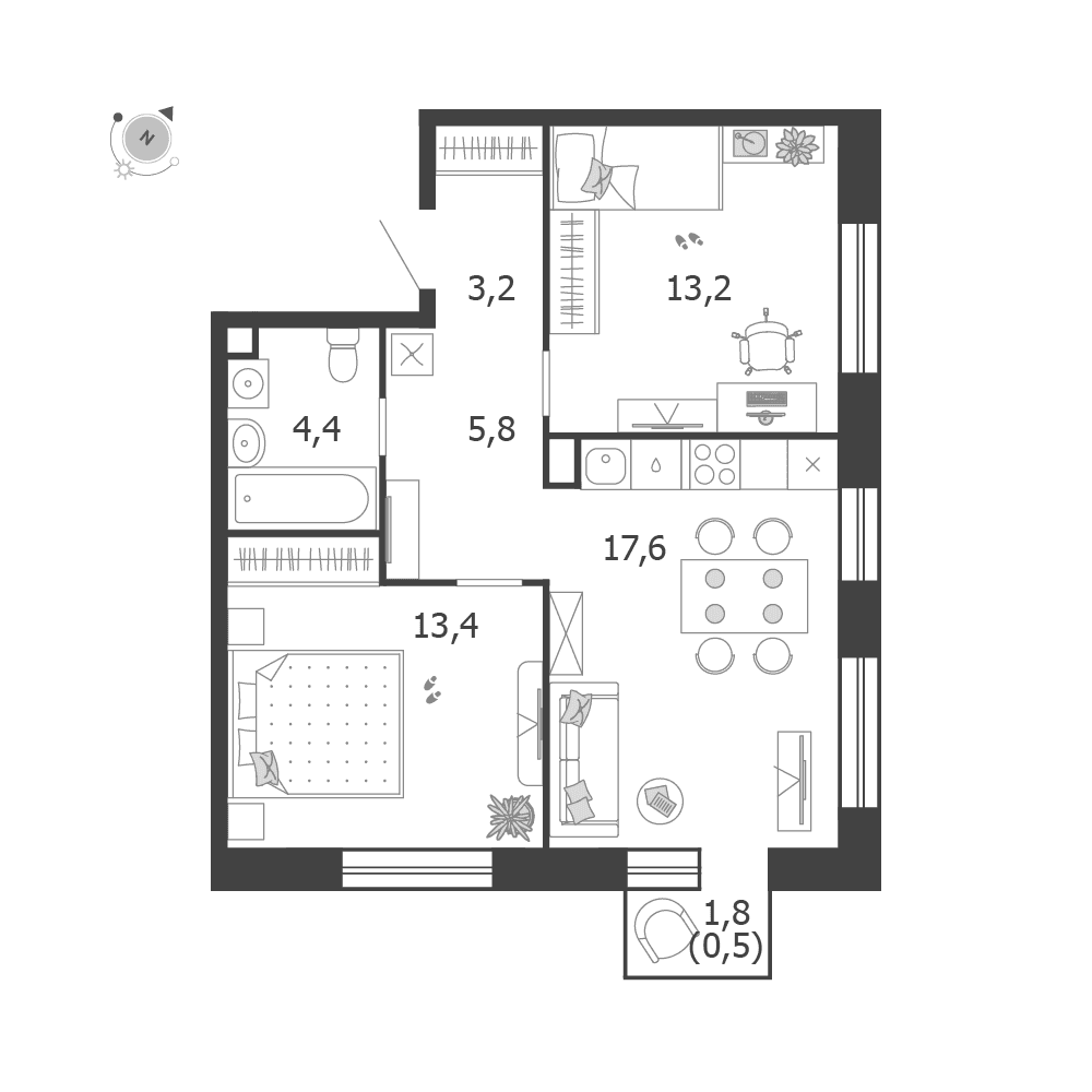 2-комнатная, 58,1 м² — 45 573 525 ₽