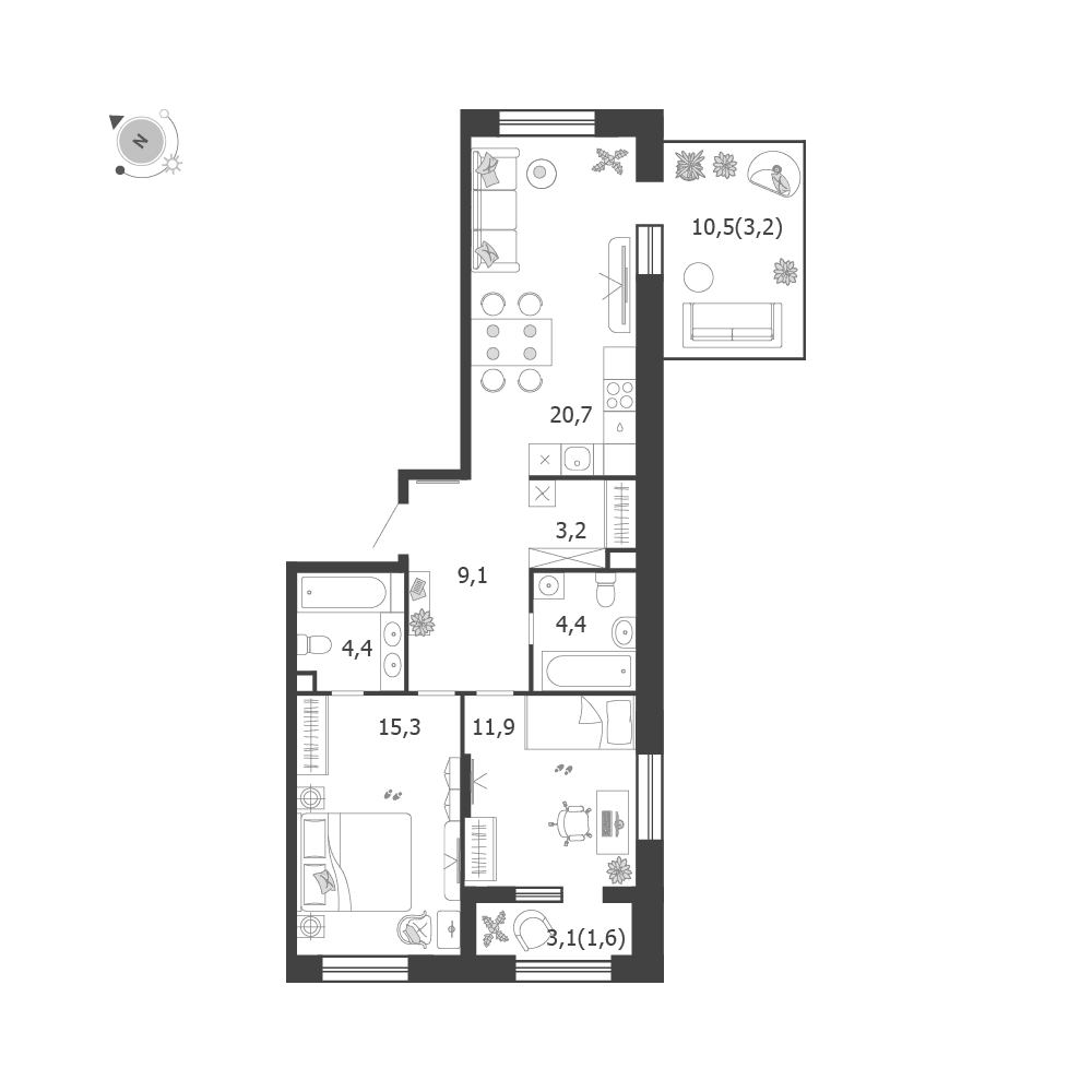 2-комнатная, 73,8 м² — 35 433 221 ₽