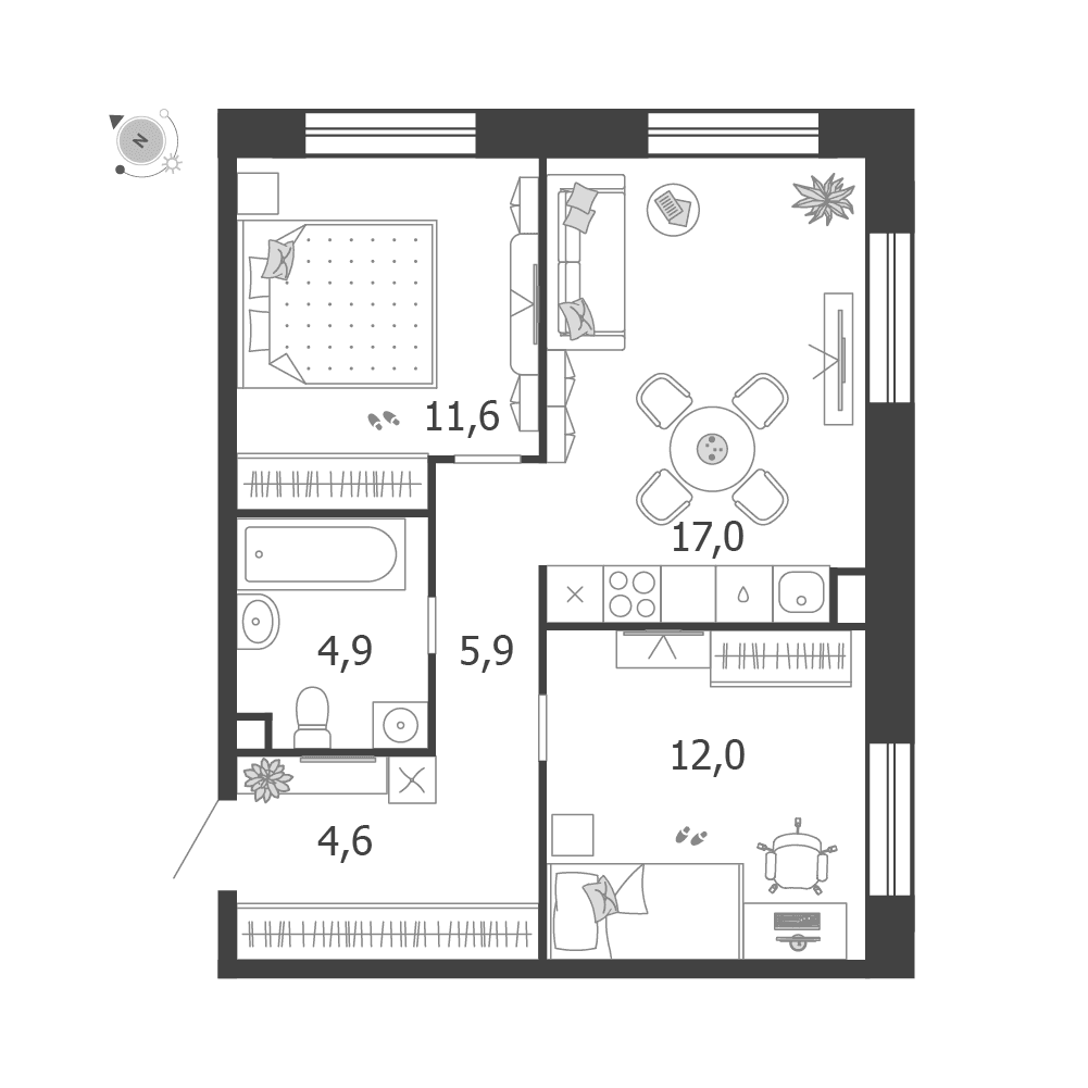 2-комнатная, 56 м² — 42 196 841 ₽