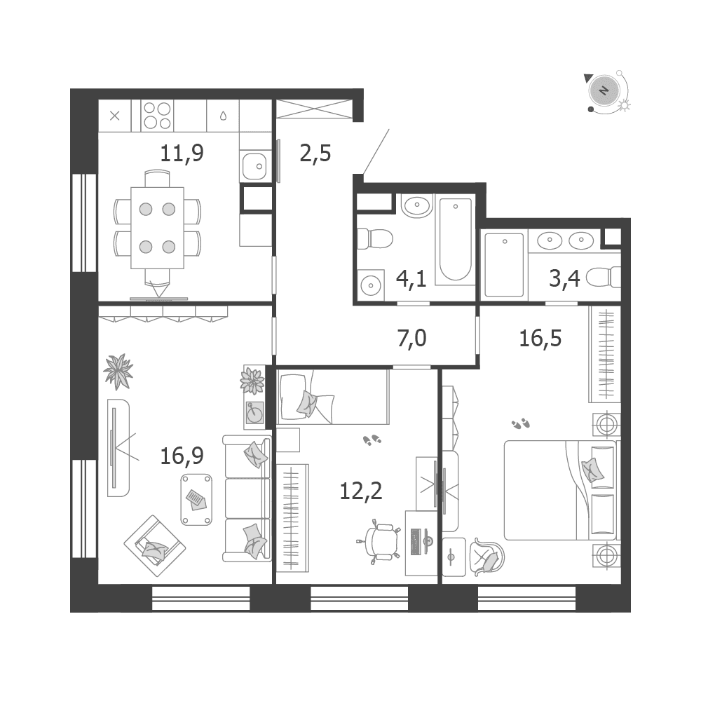 3-комнатная, 74,5 м² — 51 586 361 ₽
