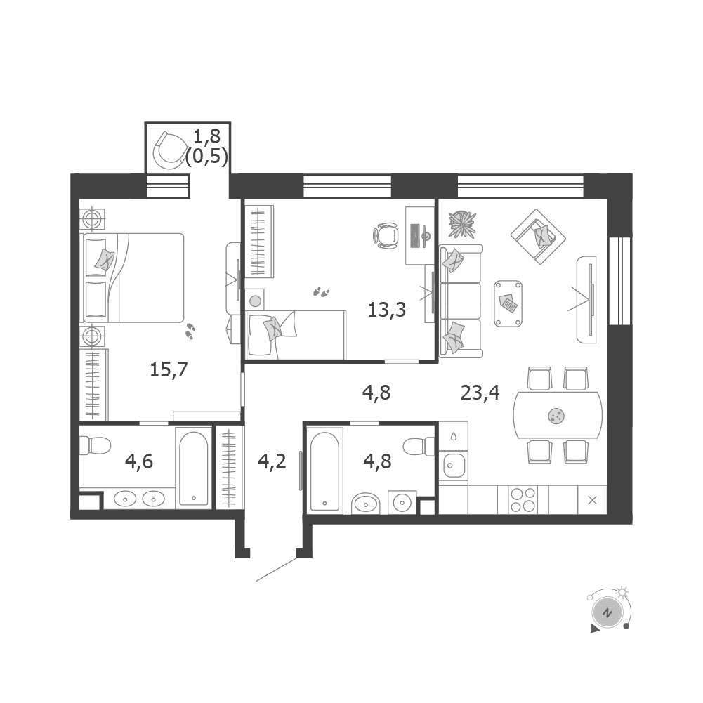 2-комнатная, 71,3 м² — 44 157 186 ₽