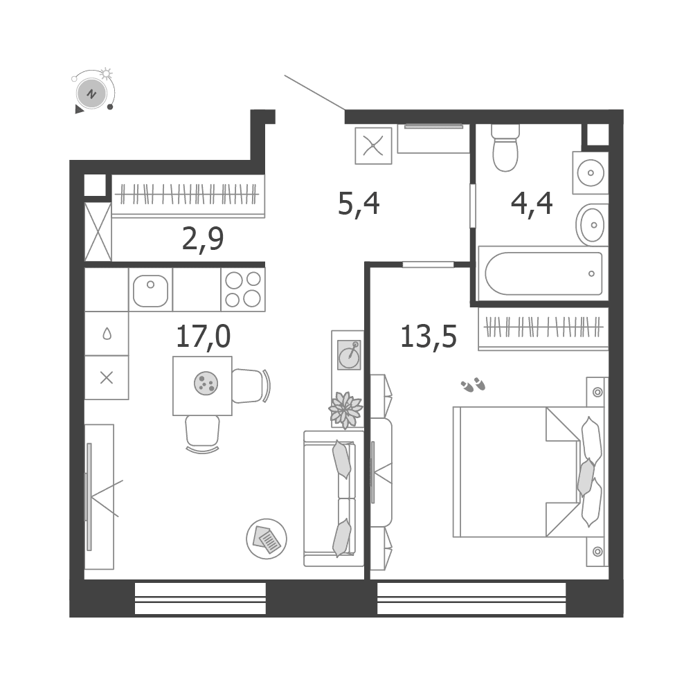 1-комнатная, 43,2 м² — 25 345 334 ₽