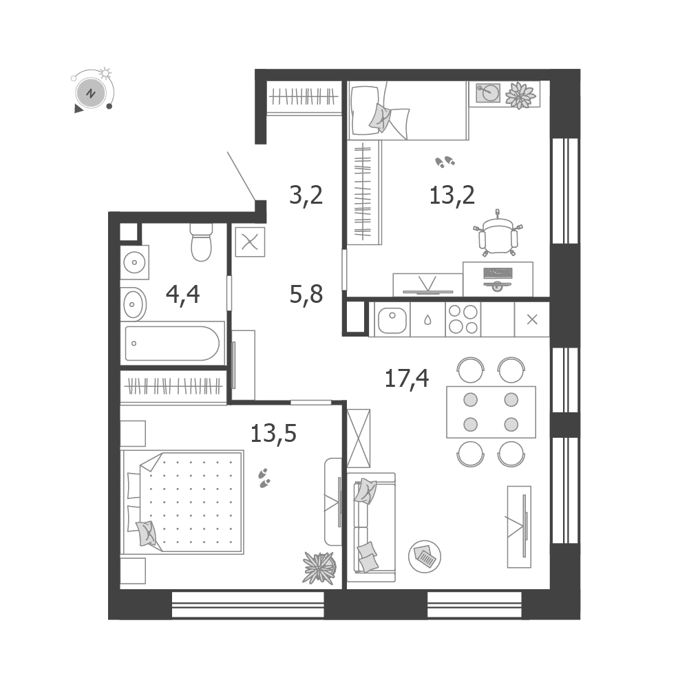 2-комнатная, 57,5 м² — 43 042 212 ₽