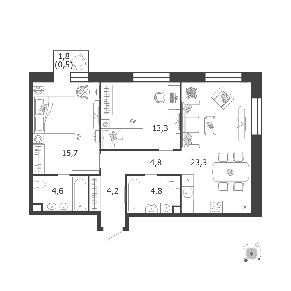 2-комнатная, 71,2 м² — 48 160 772 ₽