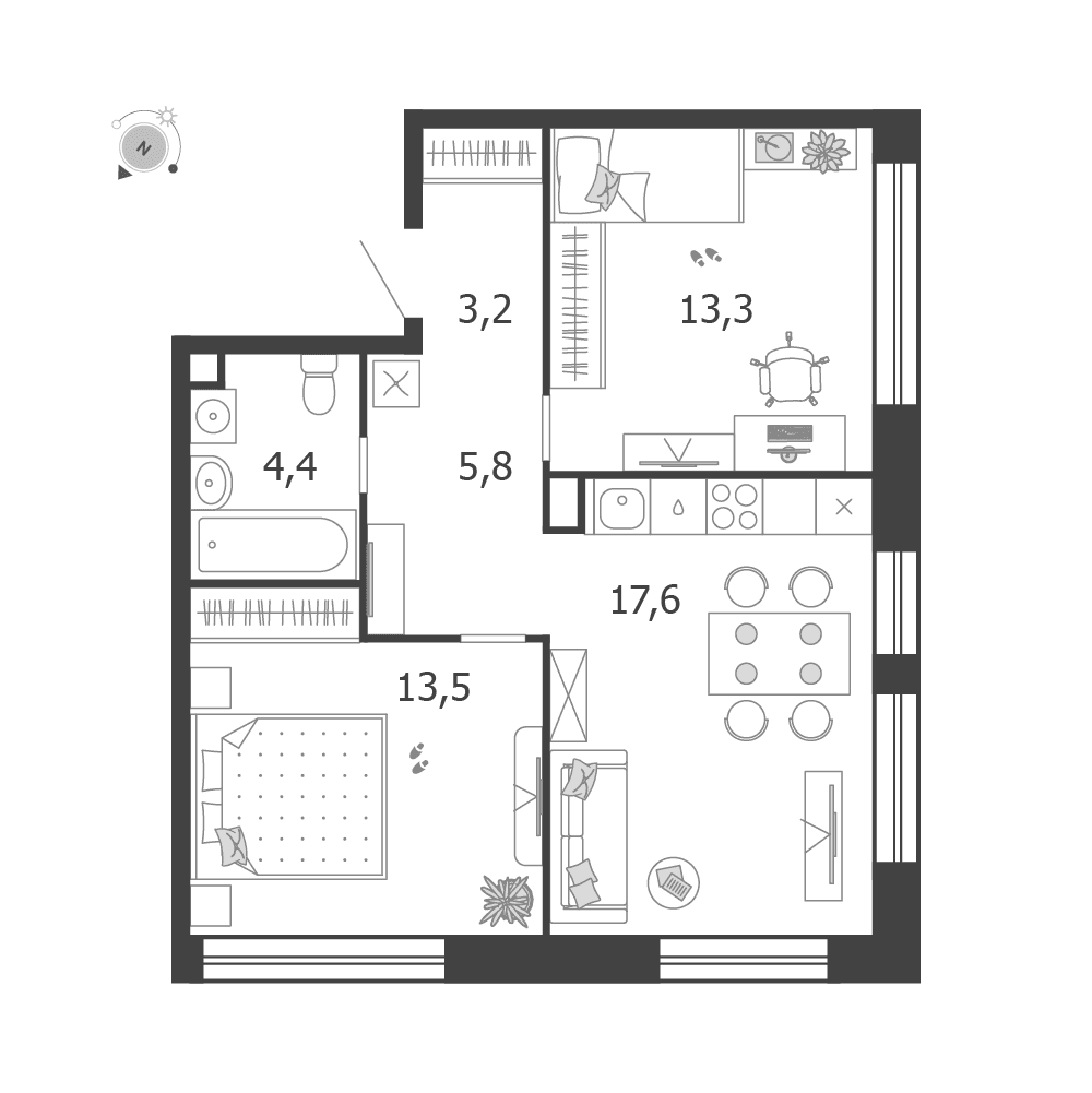 2-комнатная, 57,8 м² — 31 935 081 ₽