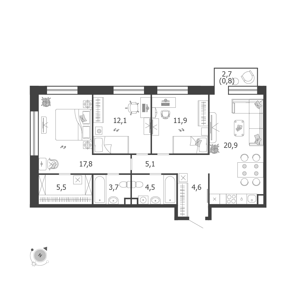 3-комнатная, 86,9 м² — 53 809 697 ₽