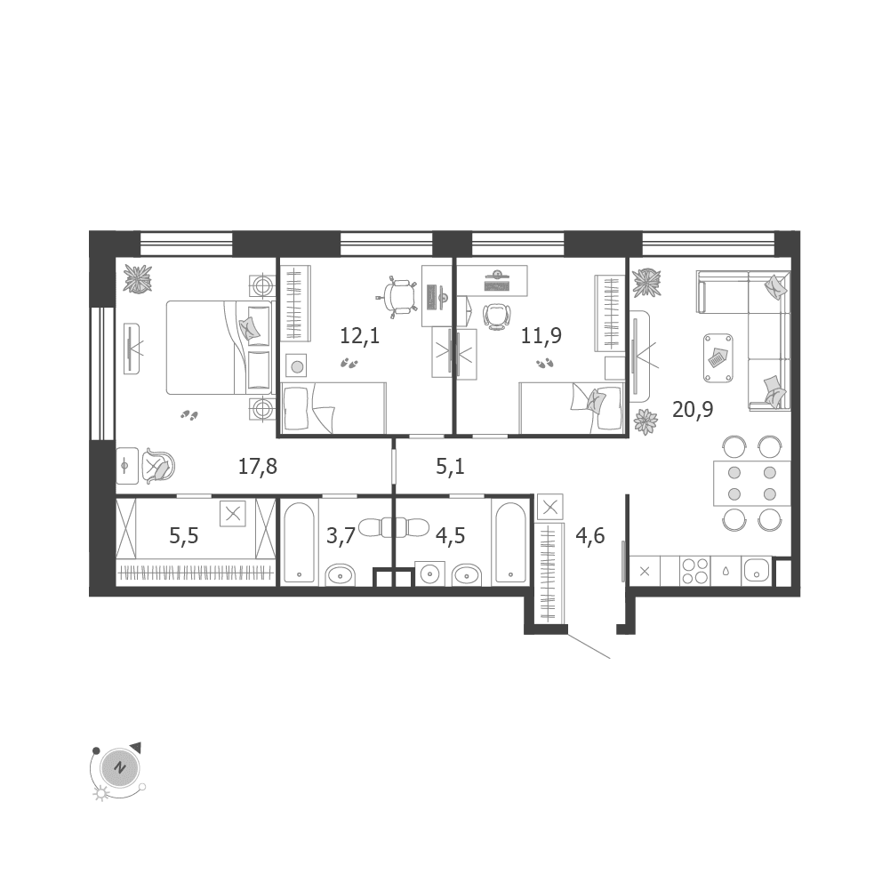 3-комнатная, 86,1 м² — 50 847 589 ₽