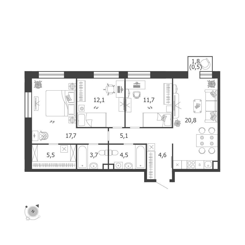 3-комнатная, 86,2 м² — 56 856 704 ₽