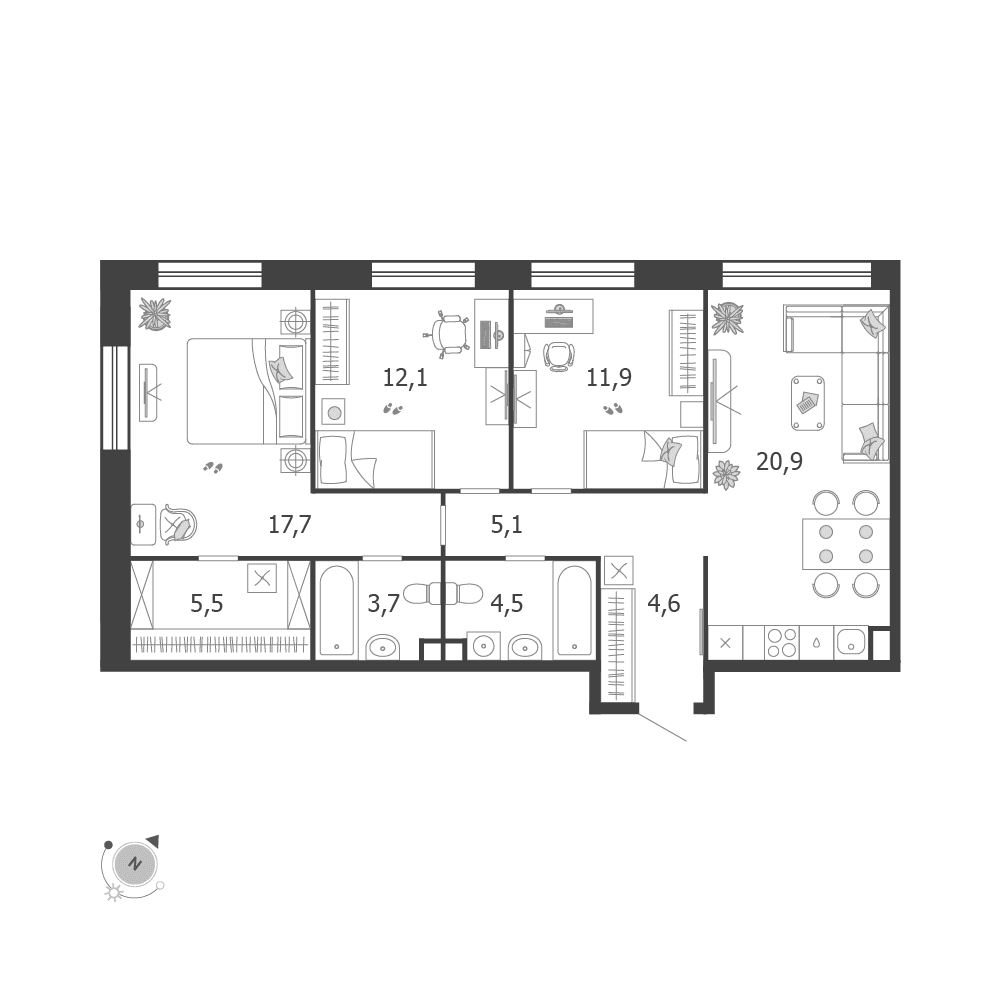 3-комнатная, 86 м² — 56 891 458 ₽