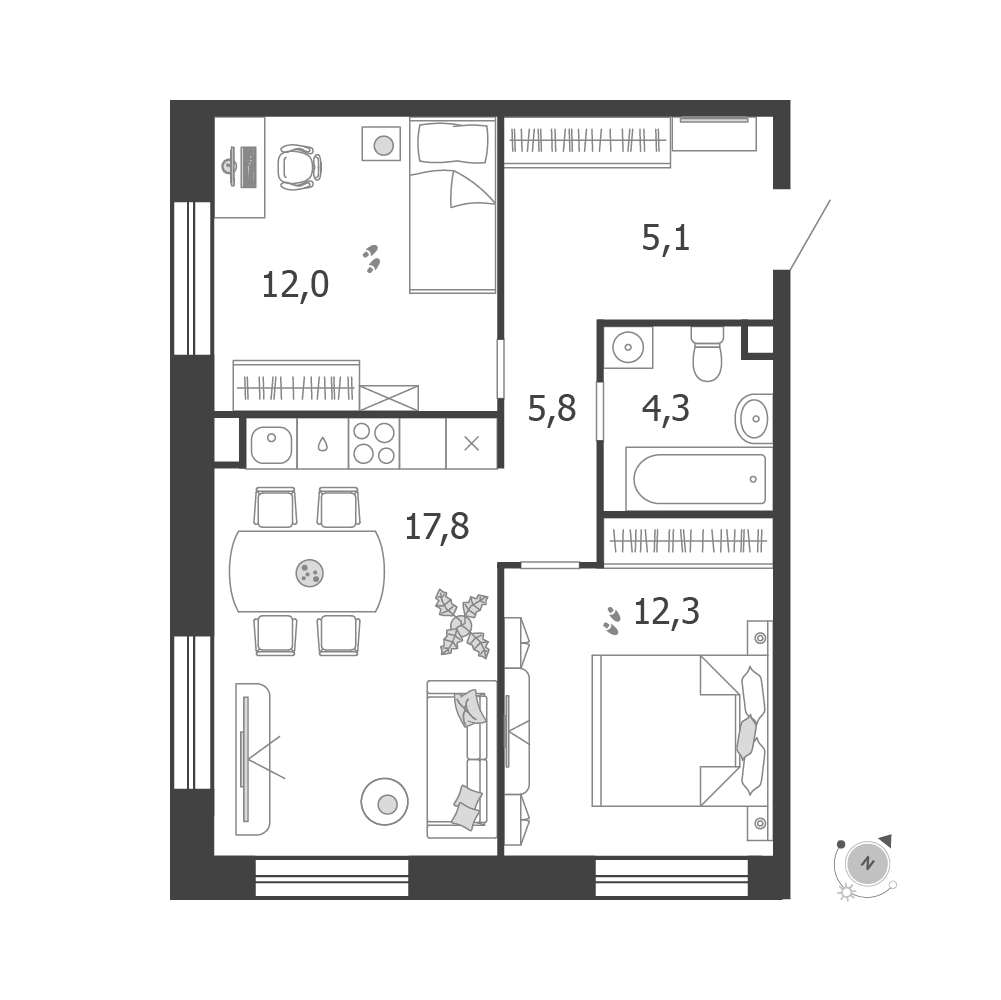2-комнатная, 57,3 м² — 44 577 455 ₽