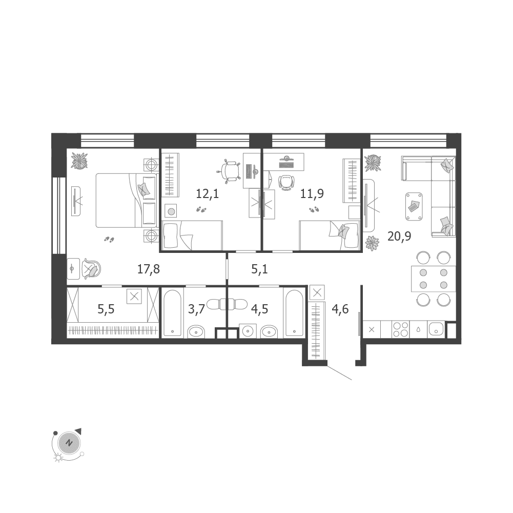 3-комнатная, 86,1 м² — 58 153 496 ₽