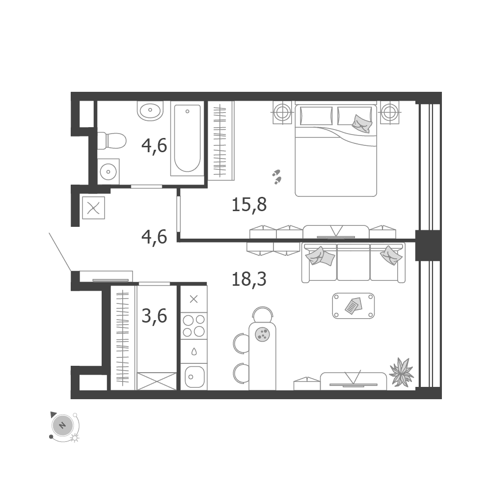 1-комнатная, 46,9 м² — 34 160 362 ₽