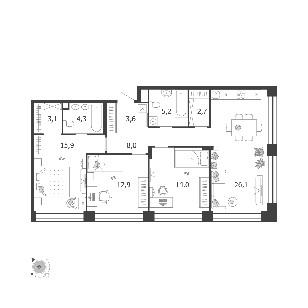 3-комнатная, 95,8 м² — 74 297 633 ₽