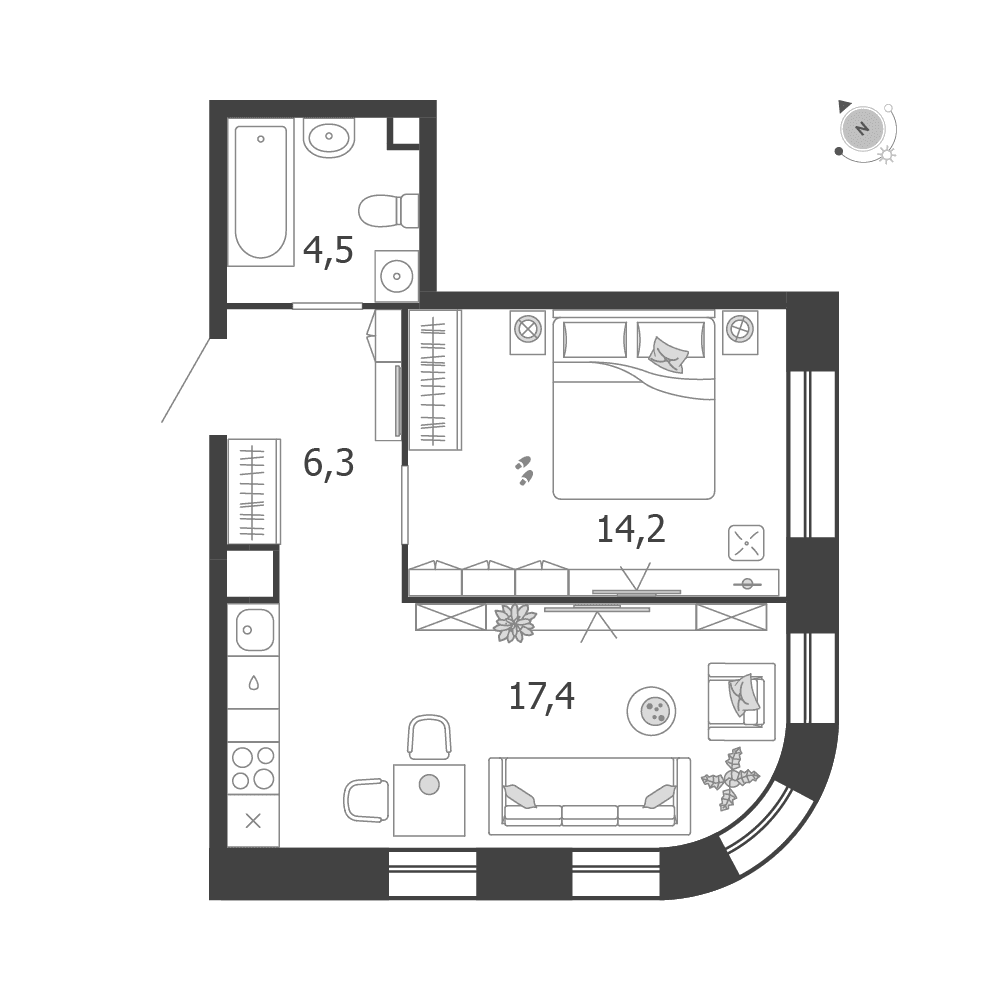 1-комнатная, 42,4 м² — 30 711 299 ₽