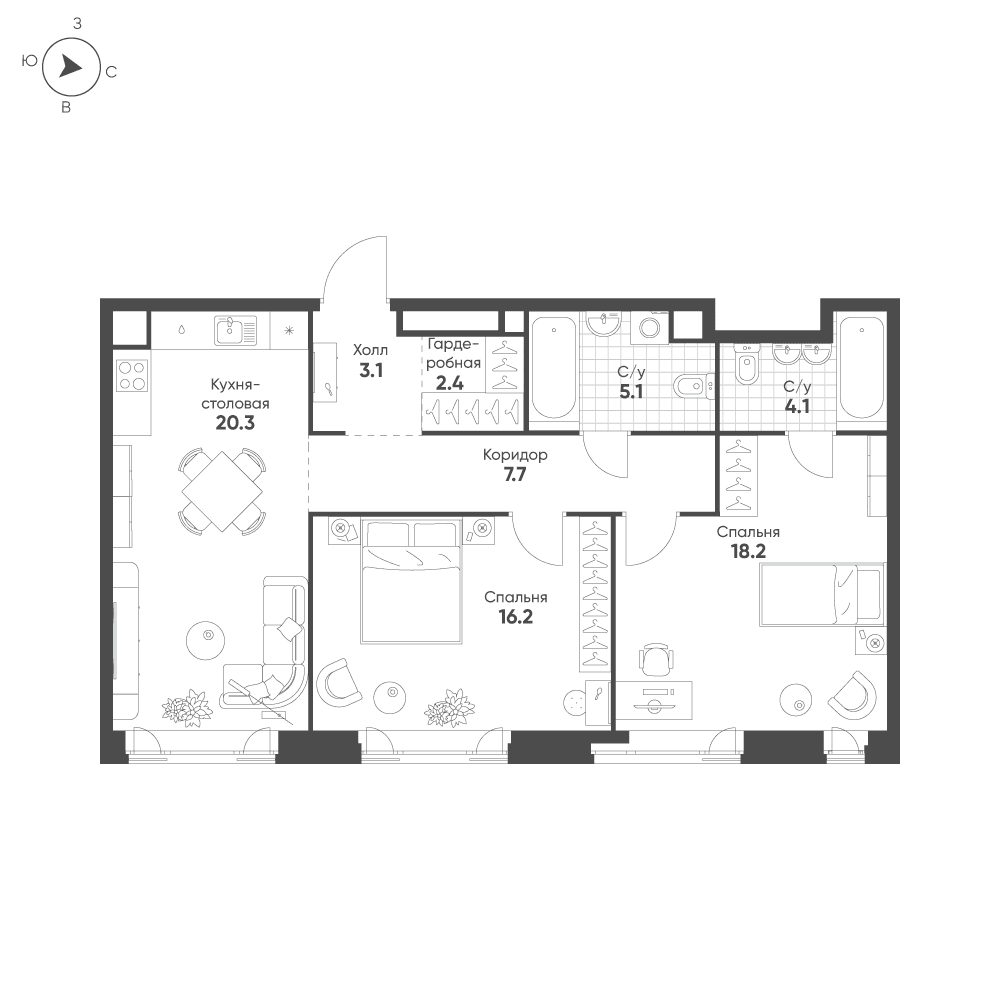 2-комнатная, 77,1 м² — 44 031 487 ₽