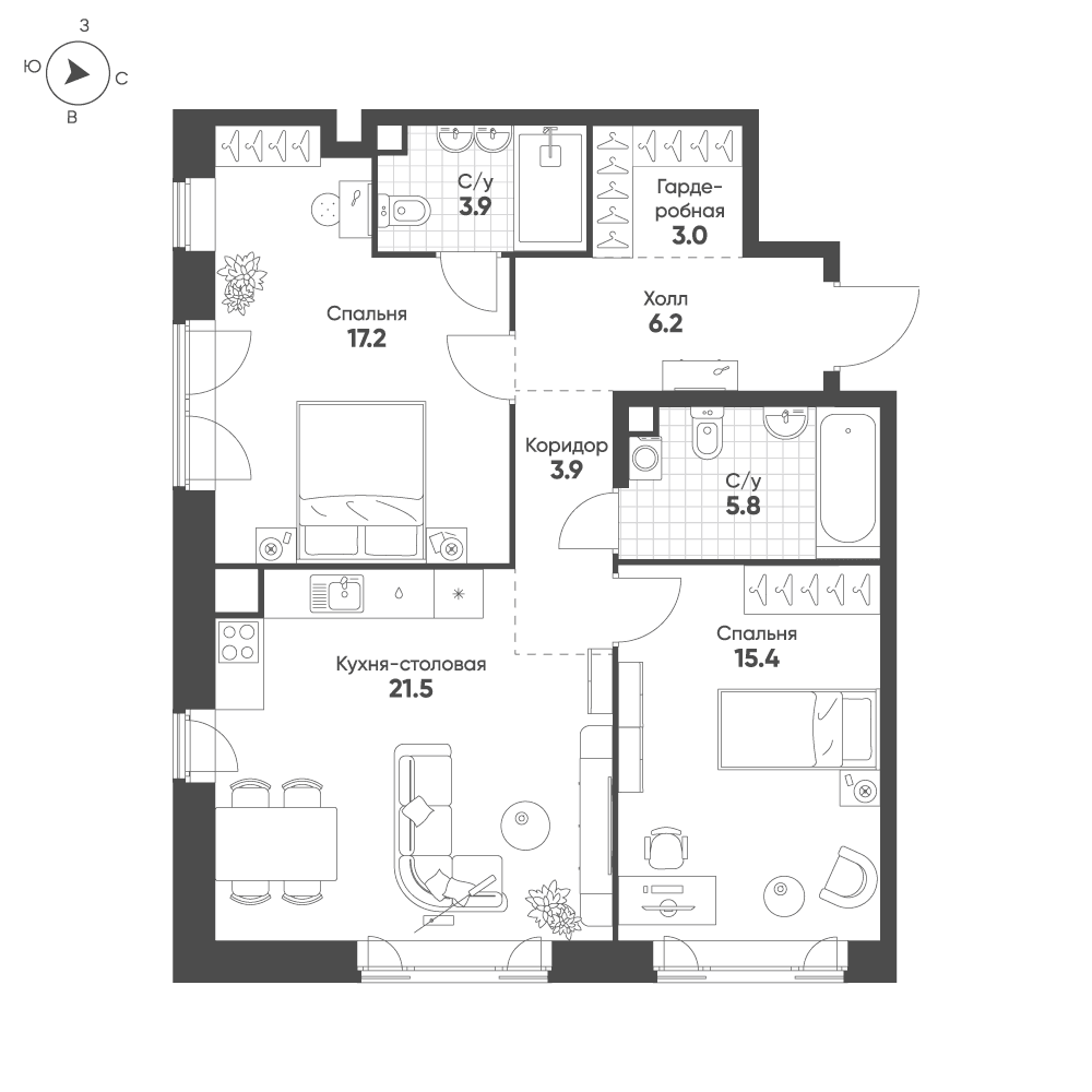 2-комнатная, 76,9 м² — 44 595 945 ₽