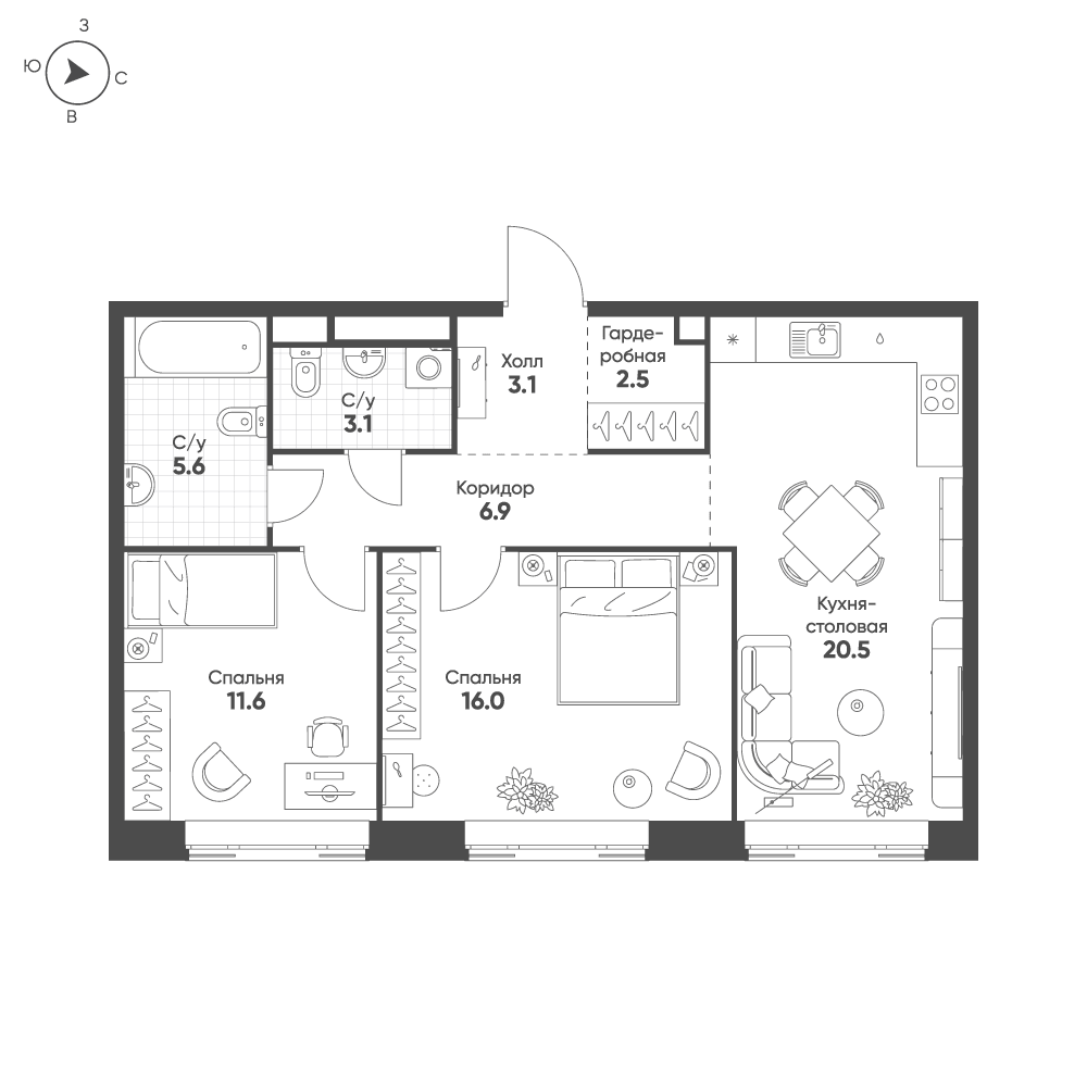 2-комнатная, 69,3 м² — 37 465 796 ₽