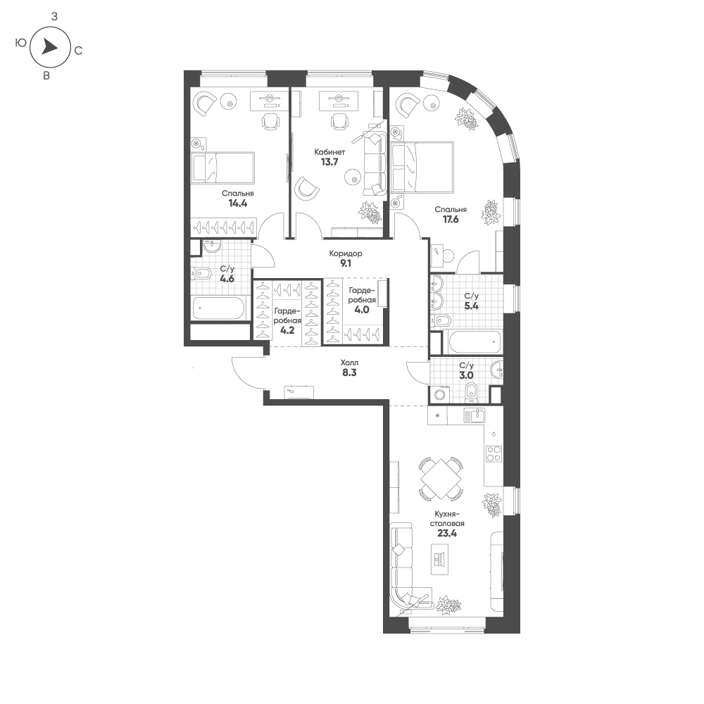 3-комнатная, 107,7 м² — 60 457 908 ₽