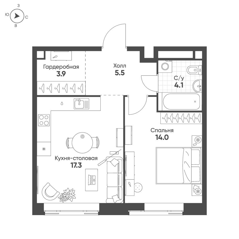 1-комнатная, 44,8 м² — 33 132 383 ₽