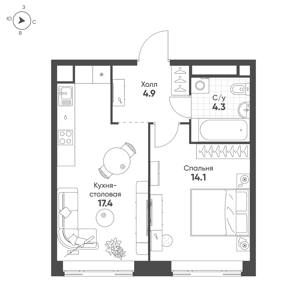 1-комнатная, 40,7 м² — 29 883 499 ₽