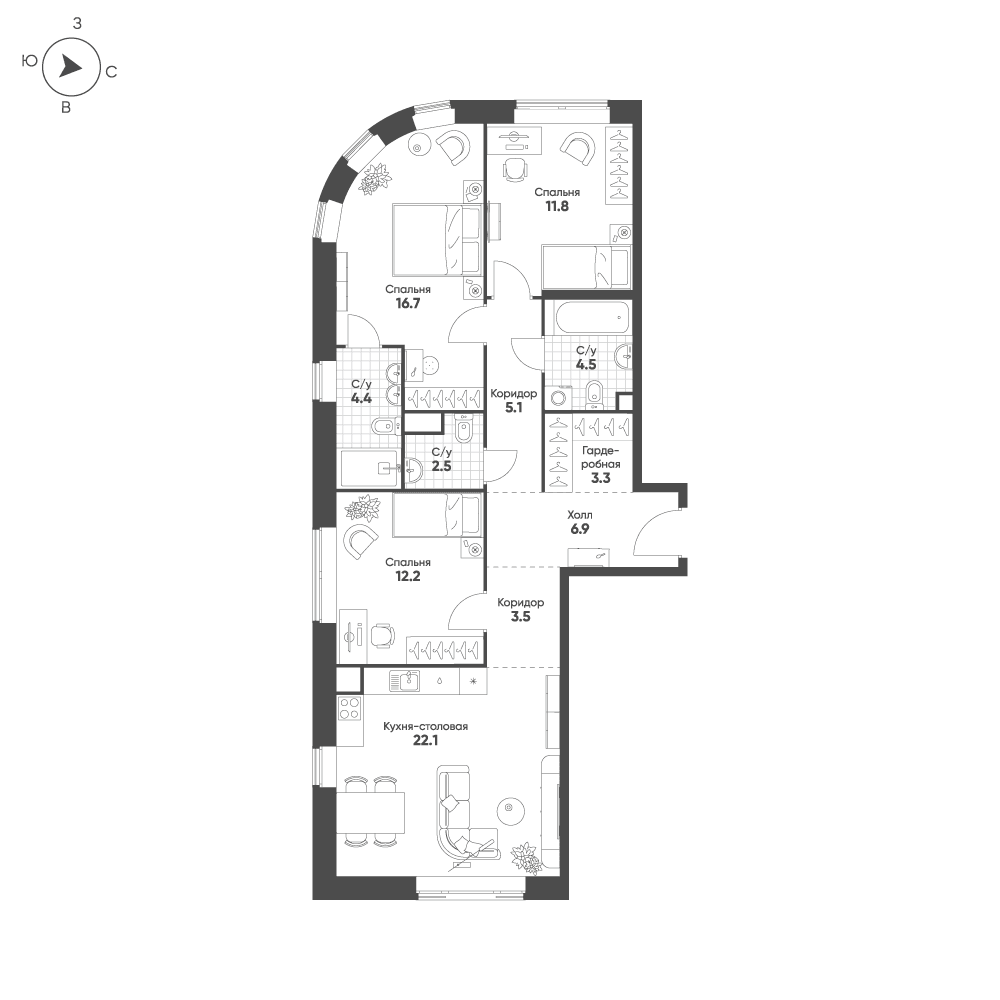 3-комнатная, 93 м² — 54 768 874 ₽