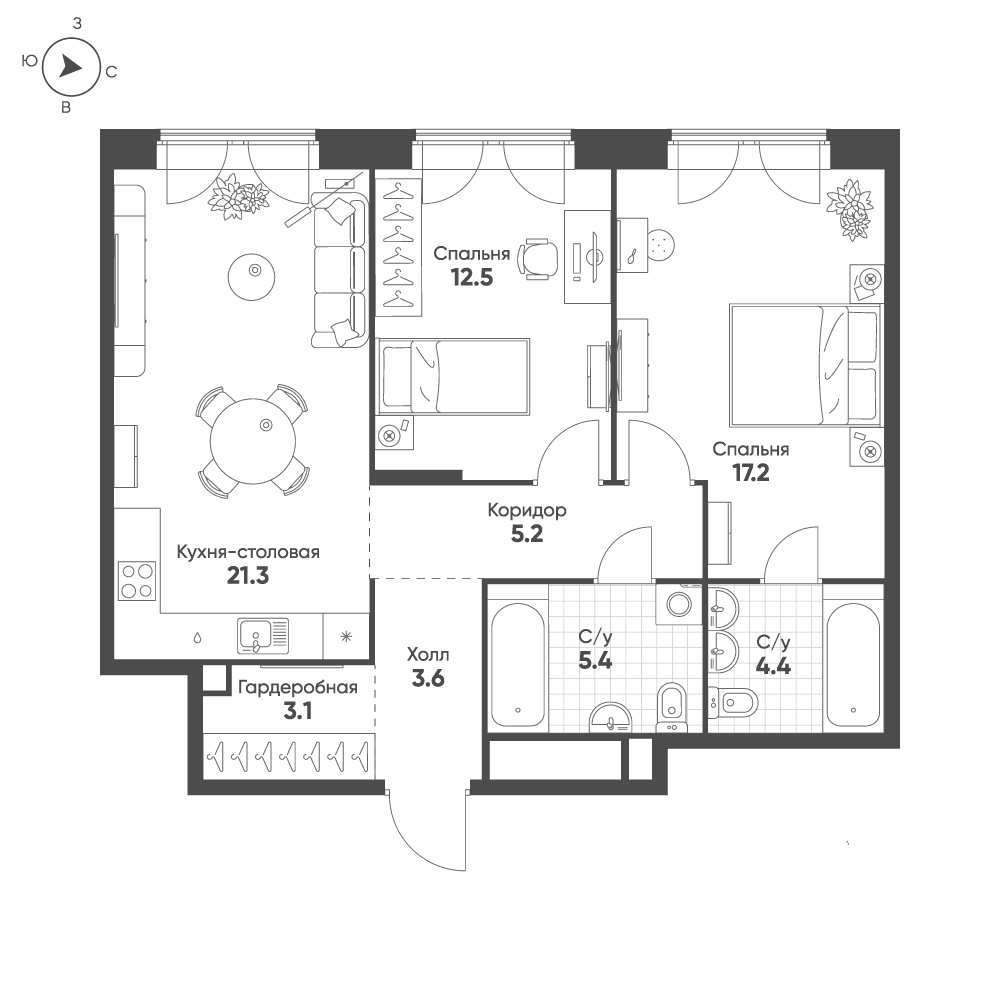 2-комнатная, 72,7 м² — 42 053 797 ₽
