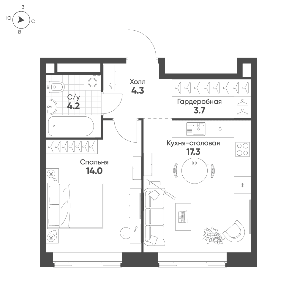 1-комнатная, 43,5 м² — 30 116 296 ₽