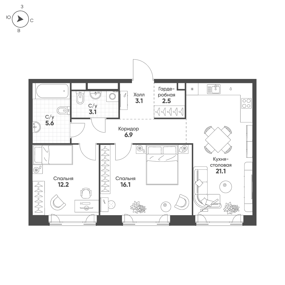 2-комнатная, 70,6 м² — 40 269 621 ₽