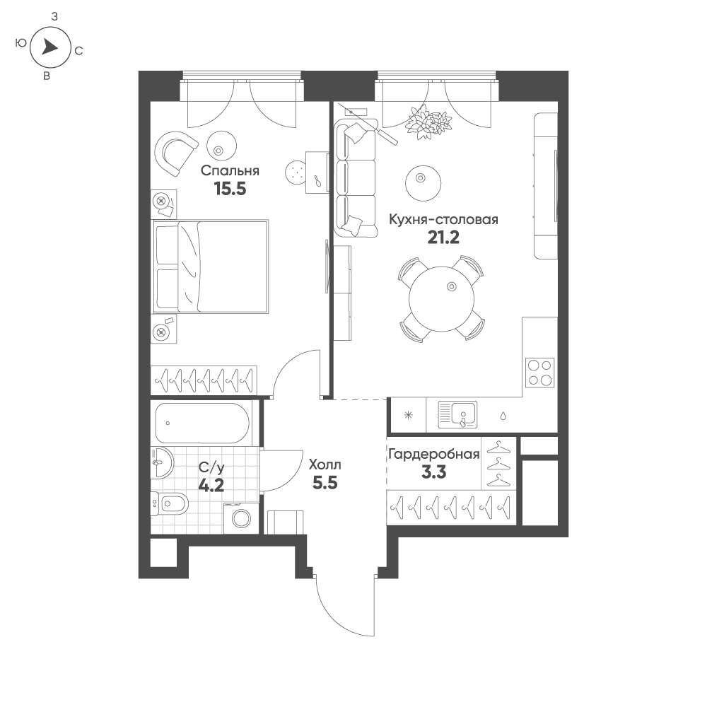 1-комнатная, 49,7 м² — 42 137 375 ₽