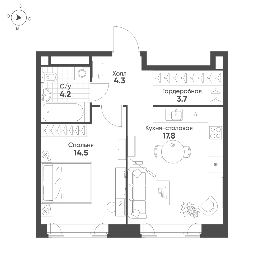 1-комнатная, 44,5 м² — 37 086 878 ₽