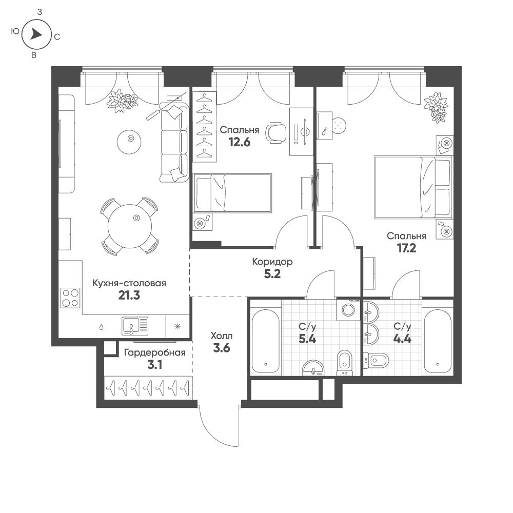 2-комнатная, 72,8 м² — 42 763 062 ₽