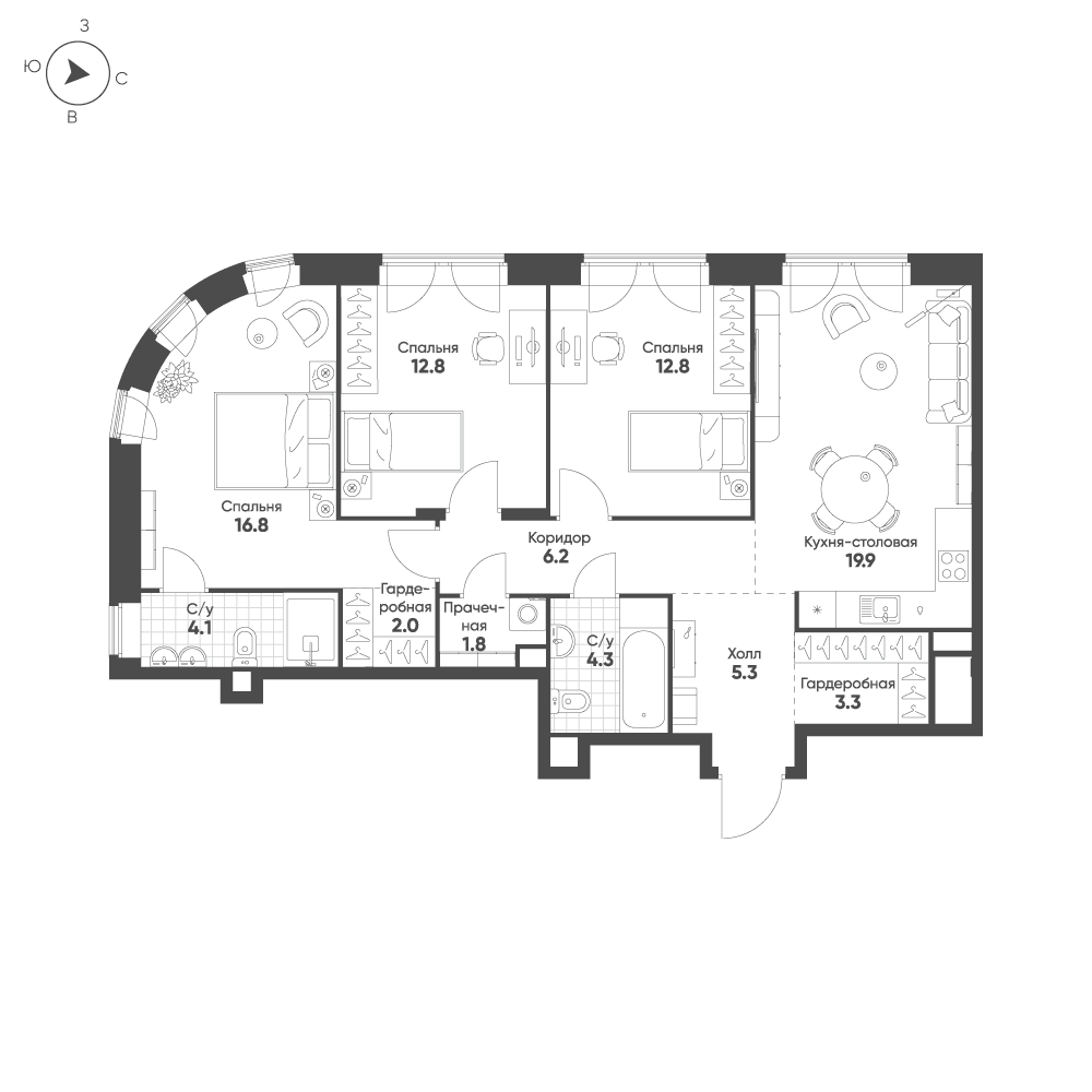 3-комнатная, 89,3 м² — 52 484 341 ₽