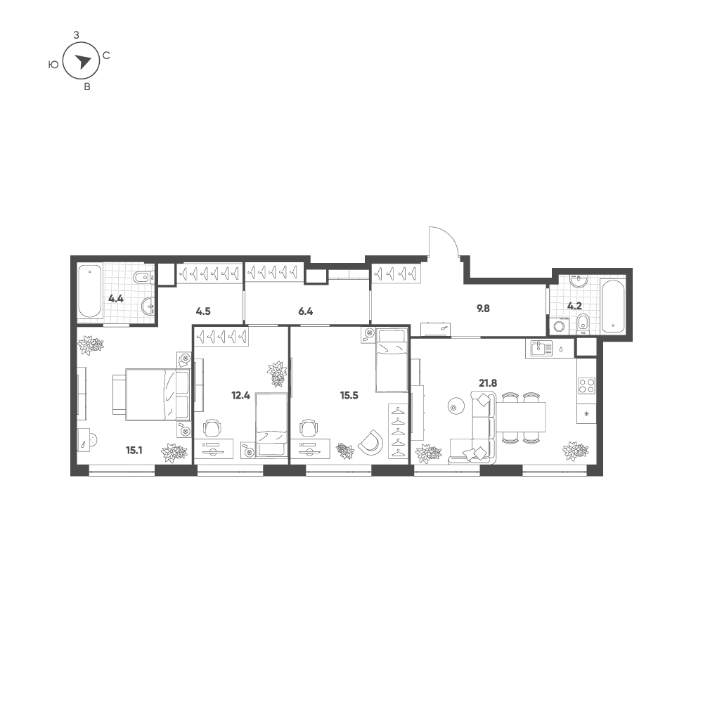 3-комнатная, 94 м² — 70 800 724 ₽