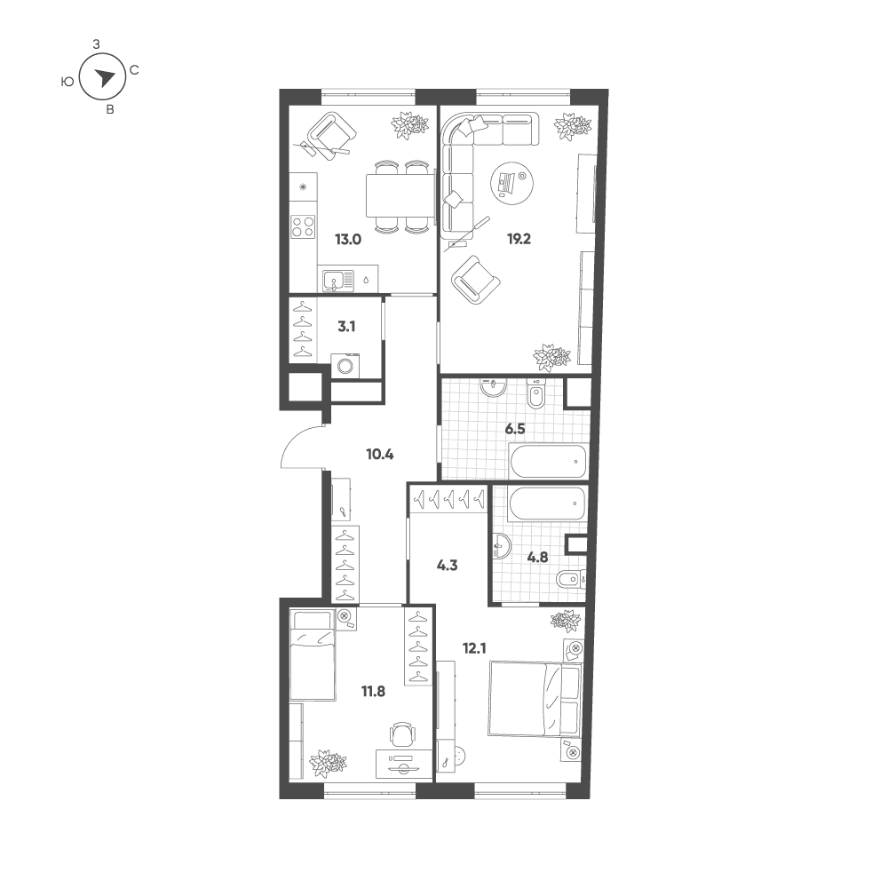 3-комнатная, 84,8 м² — 64 412 348 ₽