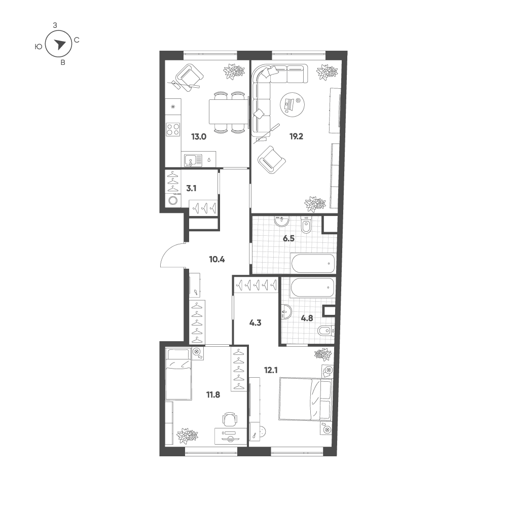 3-комнатная, 85,1 м² — 65 299 629 ₽