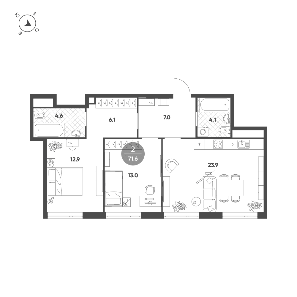 2-комнатная, 71,4 м² — 64 700 937 ₽