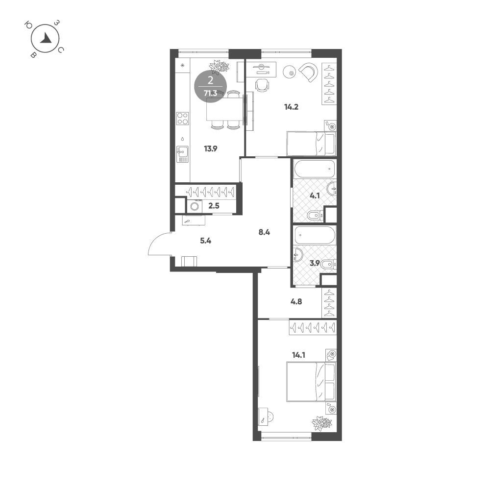 2-комнатная, 71,2 м² — 48 628 218 ₽