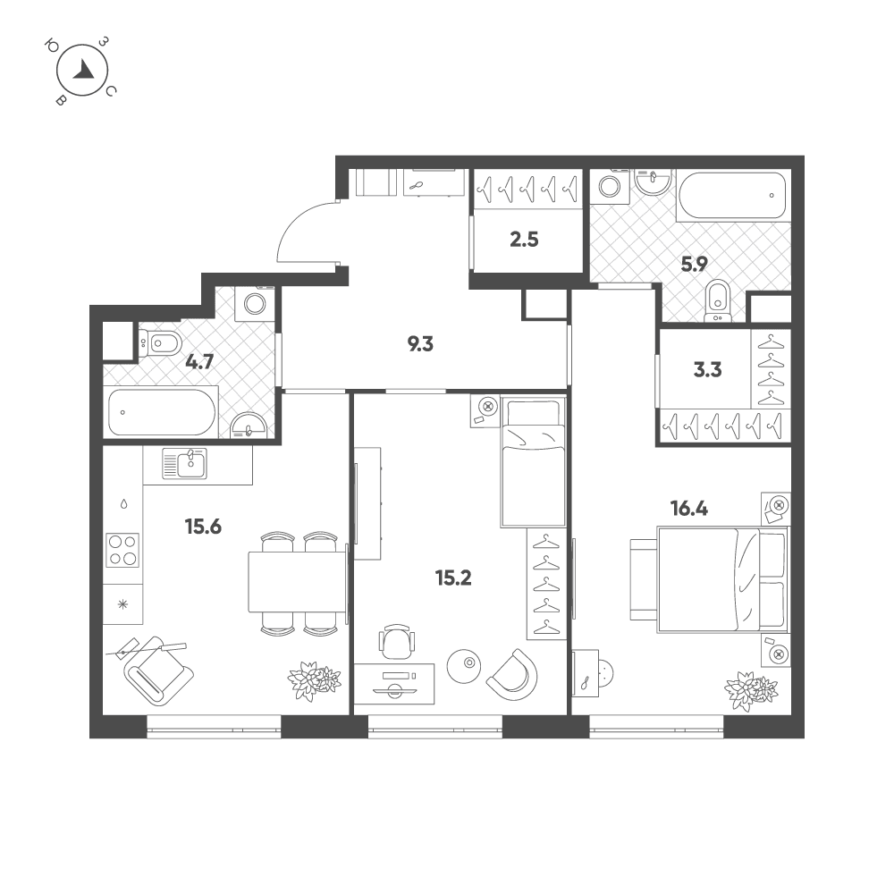 2-комнатная, 72,8 м² — 62 982 904 ₽