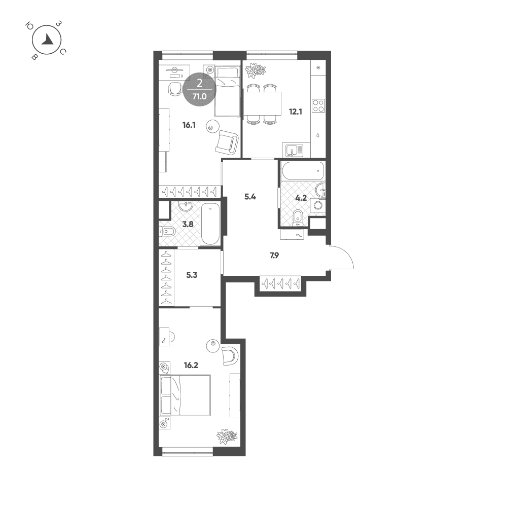 2-комнатная, 70,6 м² — 52 805 577 ₽
