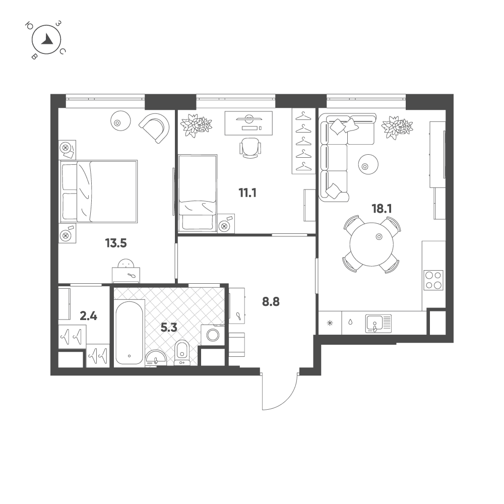 2-комнатная, 59,1 м² — 51 845 799 ₽
