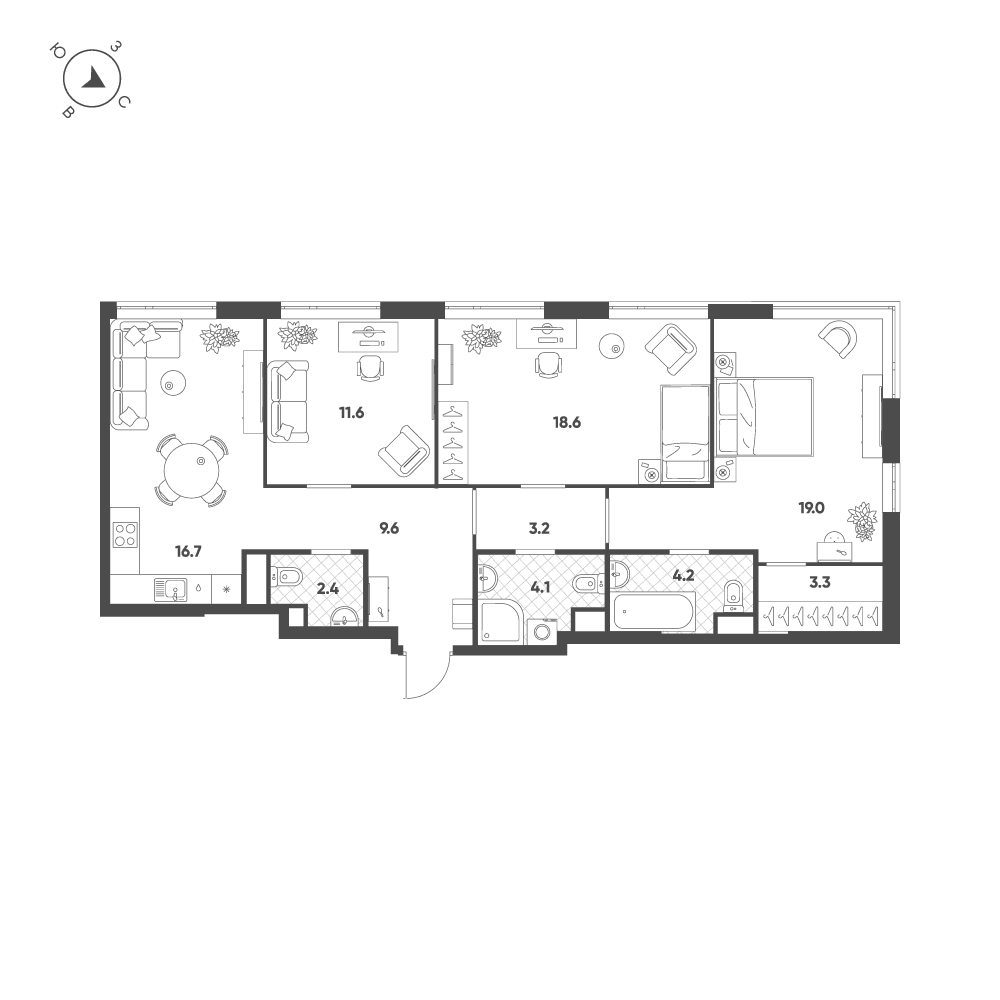 3-комнатная, 92,7 м² — 87 252 548 ₽