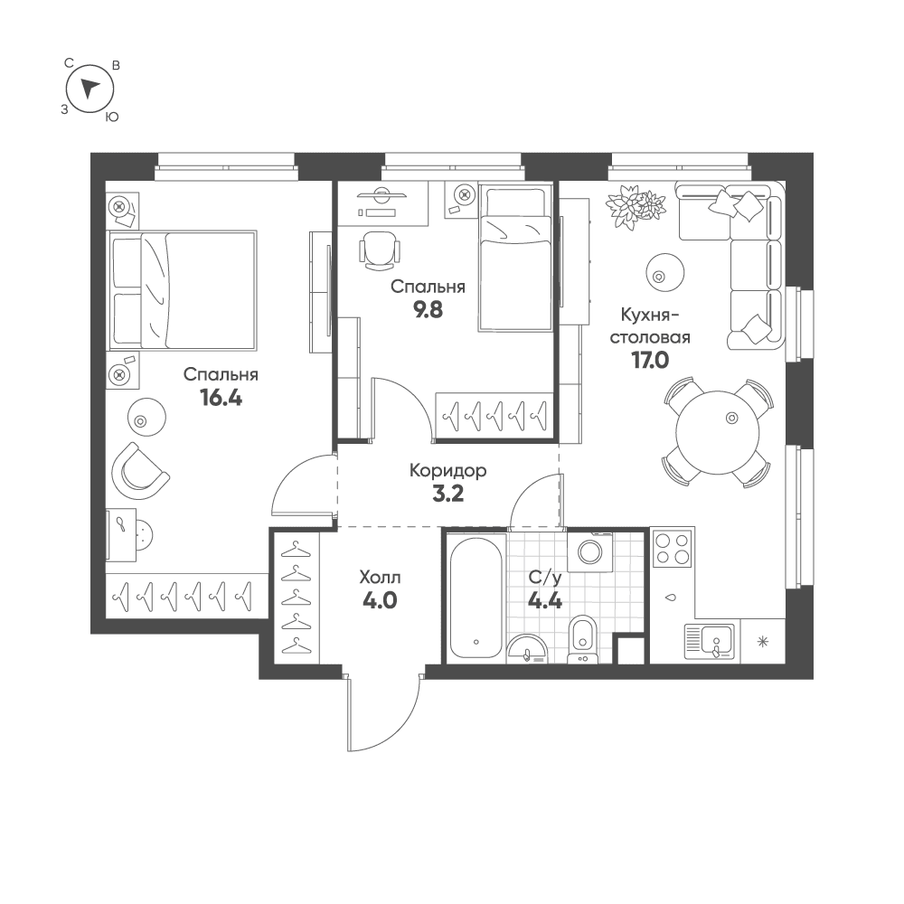 2-комнатная, 54,8 м² — 31 657 191 ₽