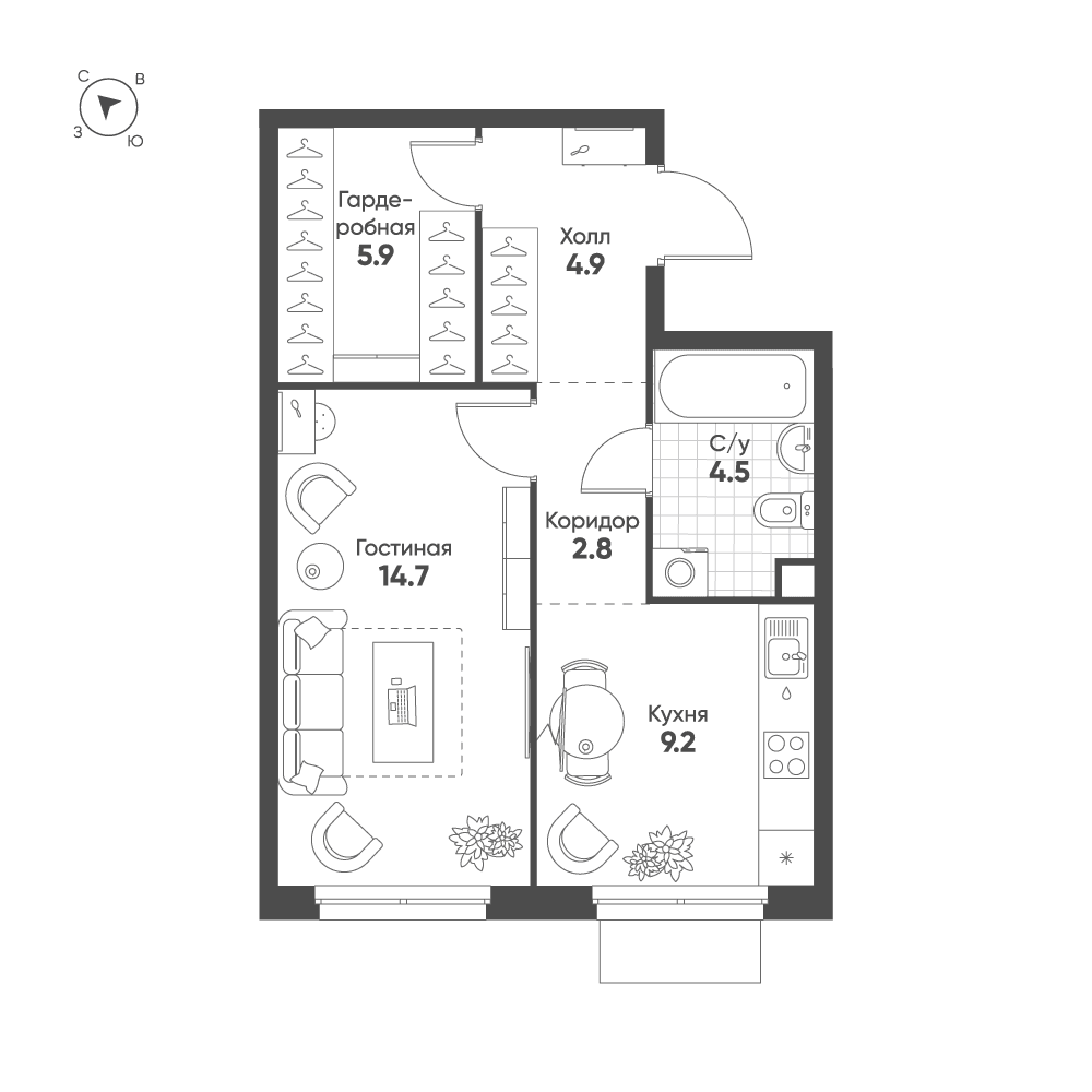1-комнатная, 42 м² — 27 370 879 ₽