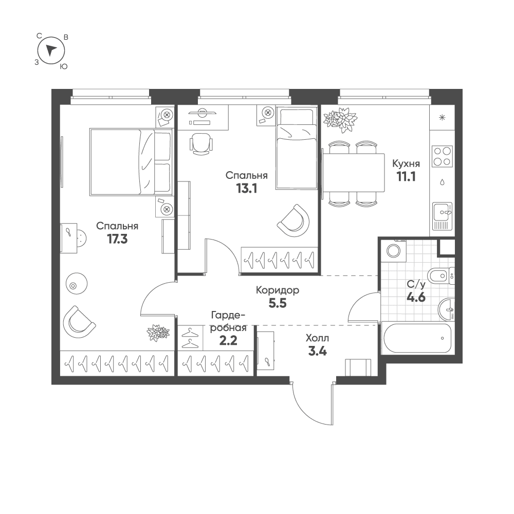 2-комнатная, 57,2 м² — 32 324 296 ₽