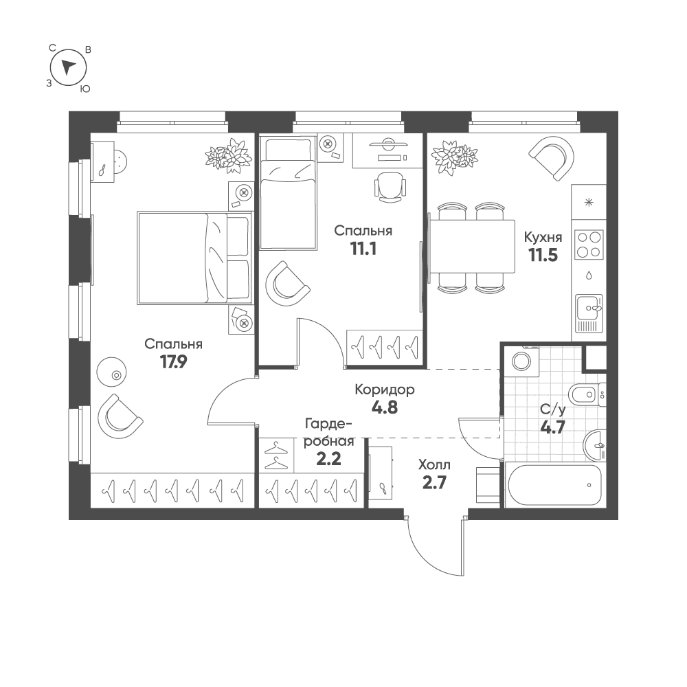 2-комнатная, 54,9 м² — 30 980 439 ₽